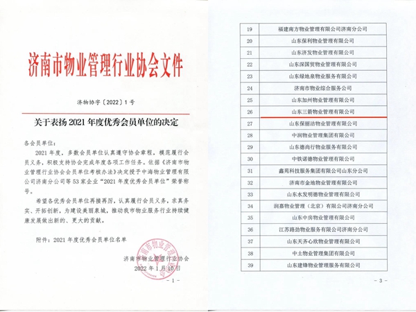 双倍荣誉！山东三箭物业管理有限公司荣获物业协会 “年度优秀会员单位”